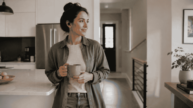 Person wearing wireless earbuds while moving around their home during a work break showing the portability advantage of earbuds