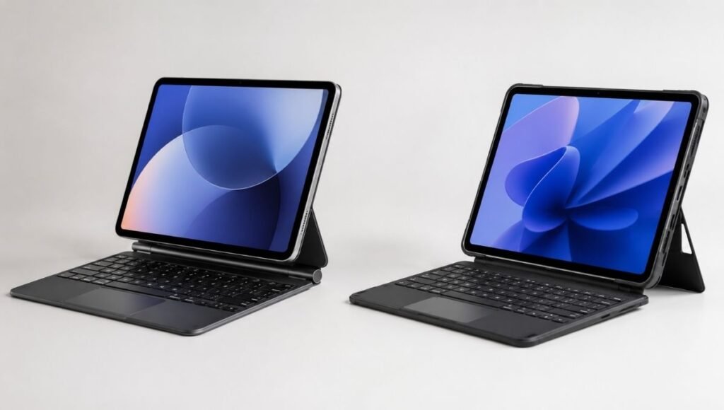 Apple Magic Keyboard for iPad Pro on the left and Logitech Combo Touch keyboard case on the right shown as alternatives