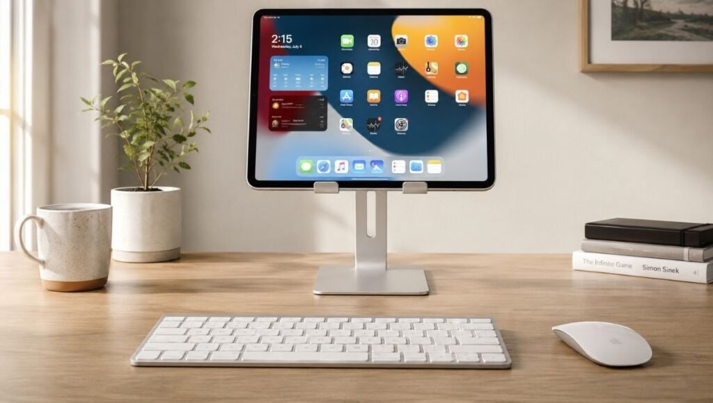 An iPad on a stand connected to a wireless Bluetooth keyboard on a clean home office desk showing a productive desk setup
