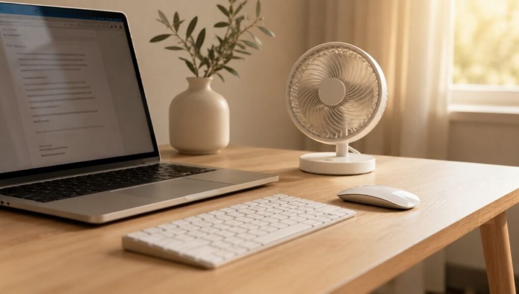 A small quiet desk fan positioned to the side of a laptop on a clean home office desk providing airflow during work