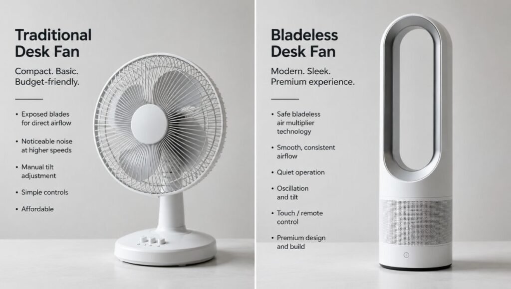 Side-by-side comparison of a traditional bladed desk fan and a modern bladeless desk fan showing design and noise differences