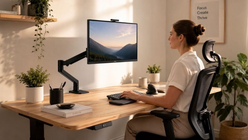 A fully configured ergonomic home office workstation showing correct monitor height, compact keyboard, vertical mouse, wrist rest, and proper sitting posture