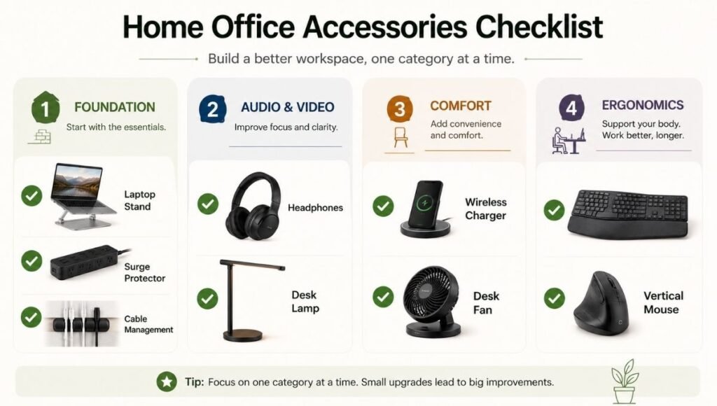 Visual checklist of complete home office accessories organized by category including foundation, audio video, comfort and ergonomic upgrades