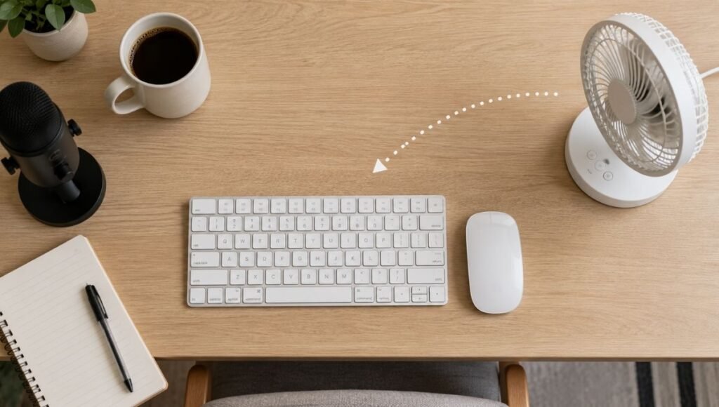 Top-down view of a home office desk showing a desk fan correctly positioned to the side at 45 degrees rather than directly facing the user