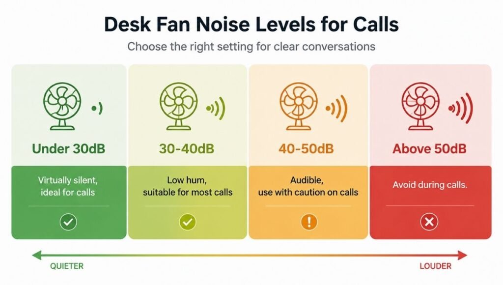 Infographic showing desk fan noise levels in decibels from under 30dB to above 50dB with home office suitability ratings