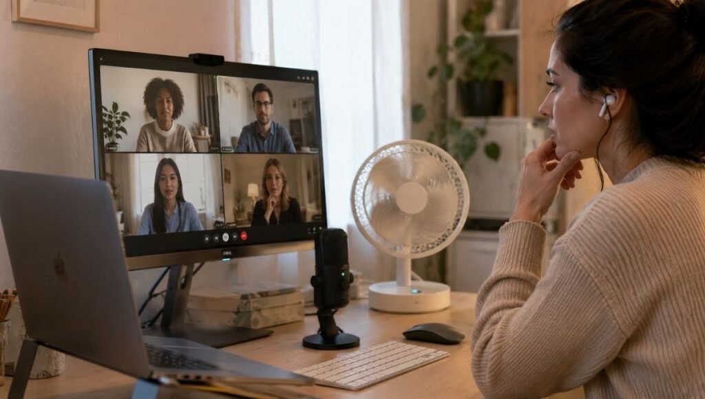 Person on a video call at a home office desk with a desk fan running nearby showing the microphone noise concern