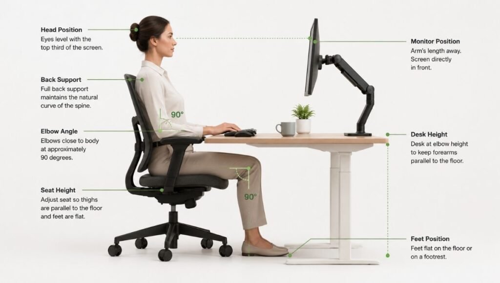 Side profile view of a person sitting in correct ergonomic posture with feet flat, knees at 90 degrees, elbows at desk height, and monitor at eye level