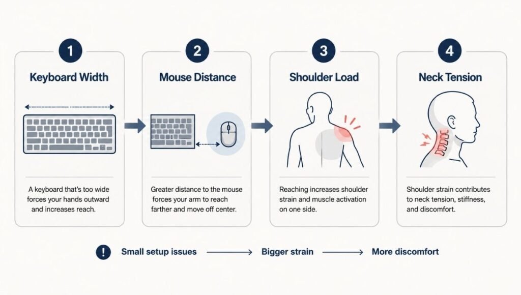 Diagram showing how keyboard width affects mouse distance which affects shoulder load which affects neck tension in an ergonomic desk system