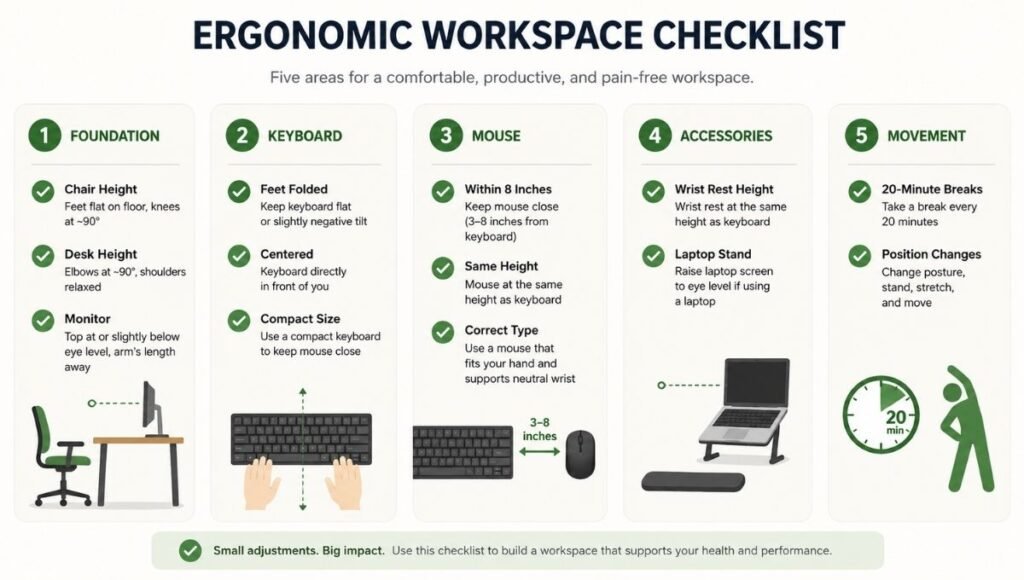 Visual checklist showing ergonomic desk setup verification points for foundation, keyboard, mouse, accessories, and movement