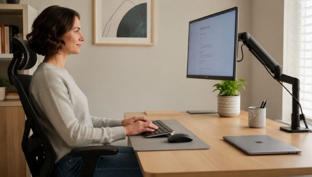 A complete ergonomic home office desk setup showing correct monitor height, keyboard position, mouse placement, and chair alignment