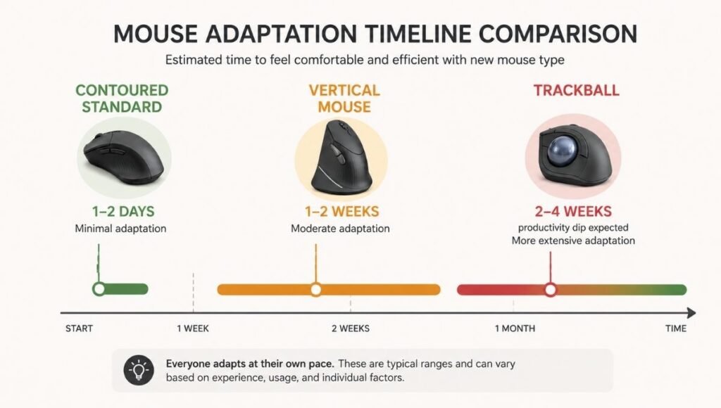 Timeline infographic comparing adaptation periods for three ergonomic mouse types — 1-2 days for contoured standard, 1-2 weeks for vertical, 2-4 weeks for trackball