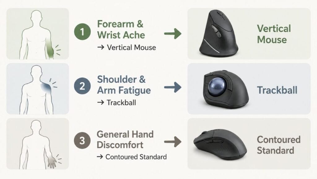 Decision guide infographic matching pain location to ergonomic mouse type — forearm pain to vertical mouse, shoulder fatigue to trackball, general discomfort to contoured standard