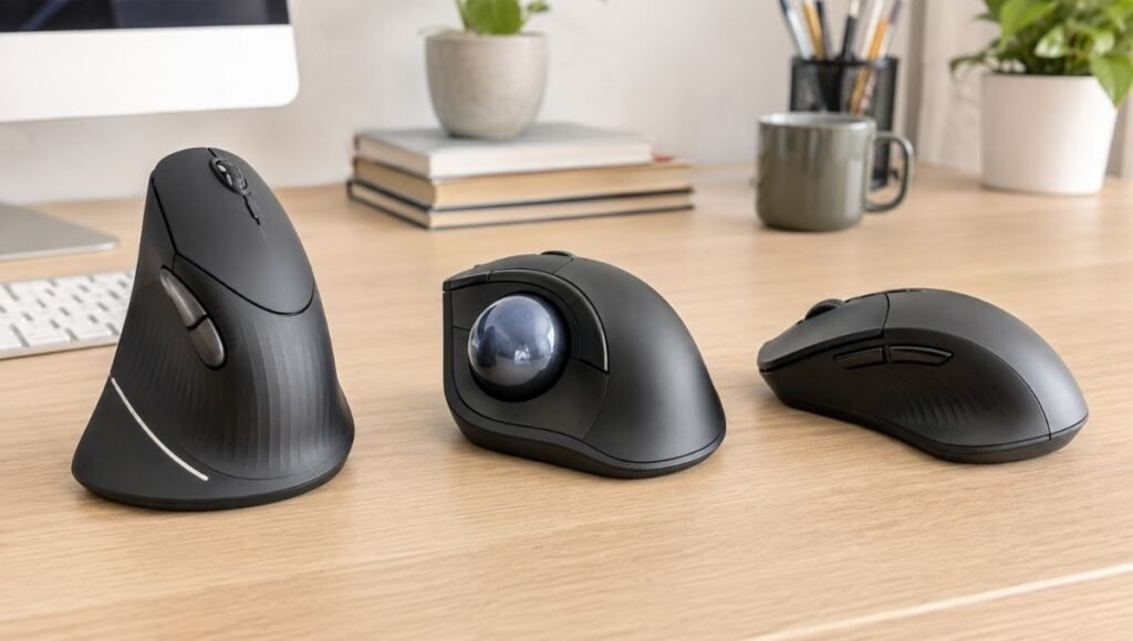 Three ergonomic mouse types displayed side by side — vertical mouse, trackball mouse, and contoured standard ergonomic mouse on a home office desk