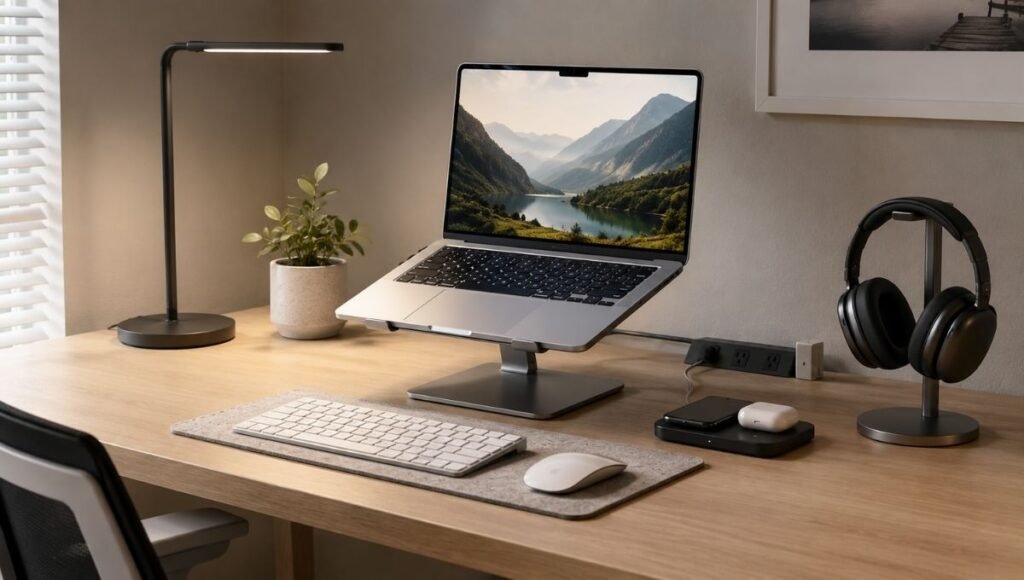 A well-organized home office desk showing essential accessories including laptop stand, headphones, wireless charger, and surge protector
