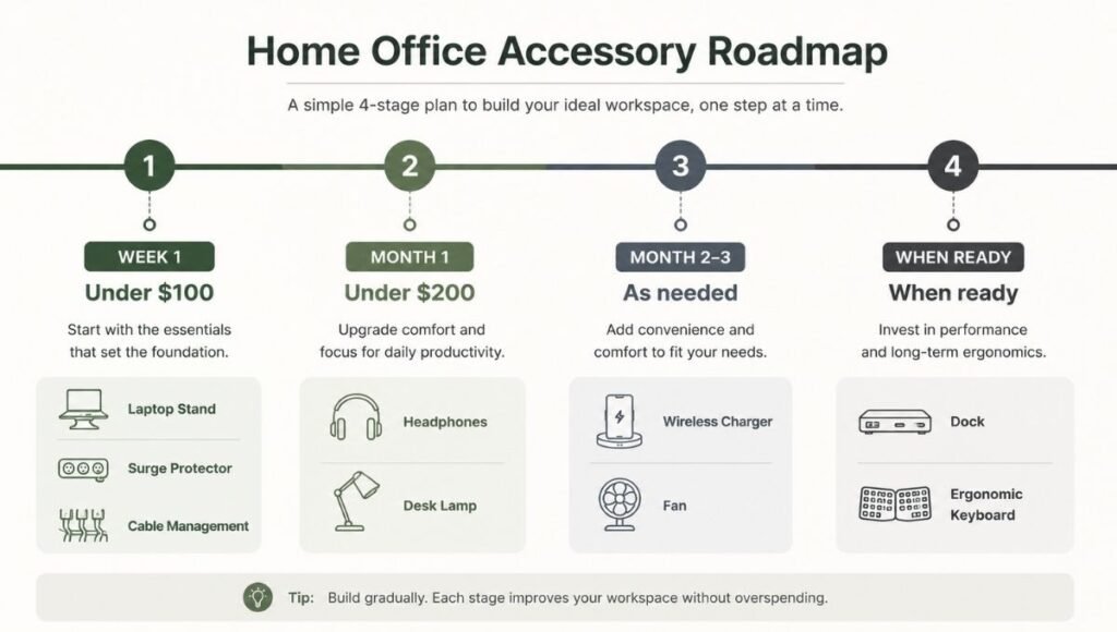 Timeline infographic showing home office accessories purchasing sequence from Week 1 foundation to Month 3 optional upgrades with budget ranges