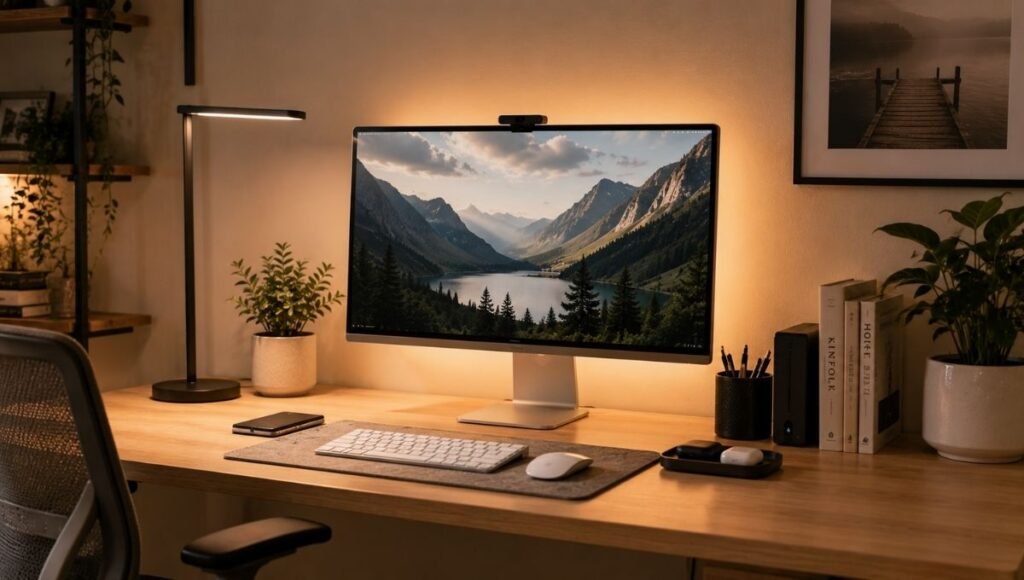 Home office desk with a daylight desk lamp positioned to the side and LED bias lighting behind the monitor for reduced eye strain