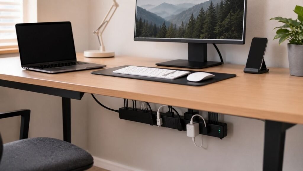Complete home office desk setup showing a surge protector neatly installed under the desk connecting laptop, monitor, phone charger, and desk lamp