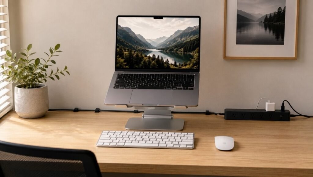 Home office desk showing the three foundation accessories — laptop on a stand at eye level, surge protector, and clean cable management