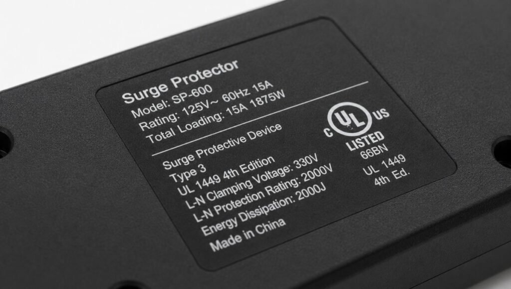 Close-up of a surge protector label showing joule rating, UL 1449 certification, and clamping voltage specifications