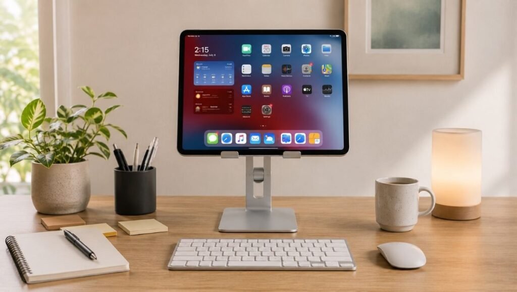 Complete home office desk setup with iPad on adjustable stand at eye level, compact Bluetooth keyboard, and mouse for productive remote work