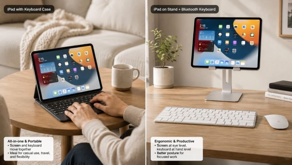 Split image comparing iPad with keyboard case on the left versus iPad on a stand with separate Bluetooth keyboard on the right