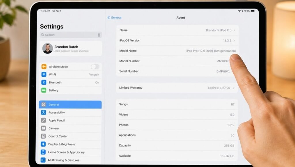 iPad screen showing Settings General About page with iPad model name visible for checking keyboard compatibility before purchase