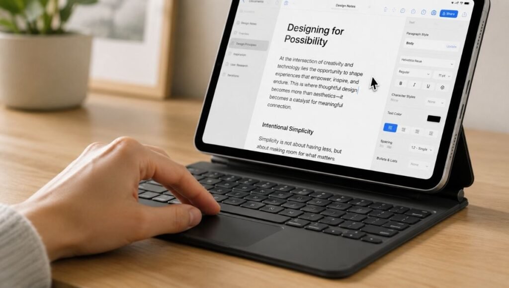 Hand using a trackpad on an iPad keyboard case showing cursor control on the iPad screen for improved productivity
