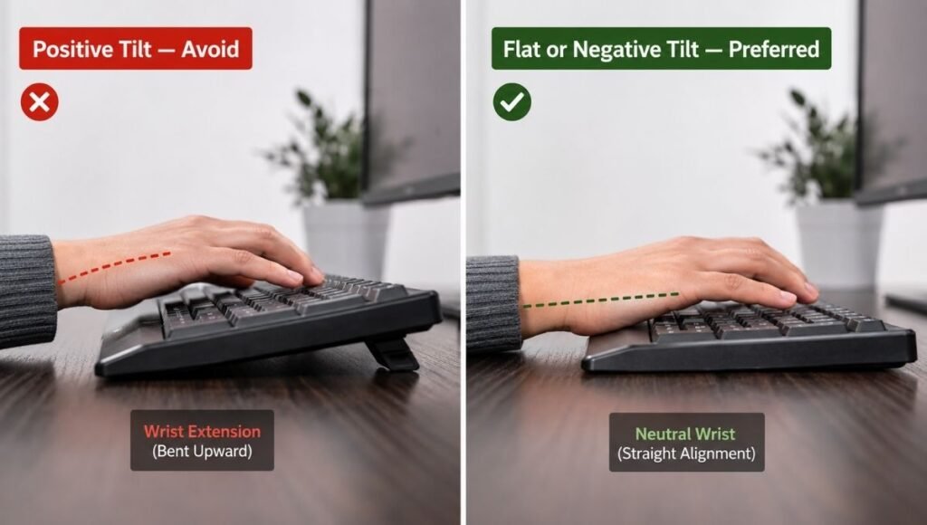 Split comparison showing positive keyboard tilt with wrist extension on the left versus flat or negative tilt with neutral wrist position on the right