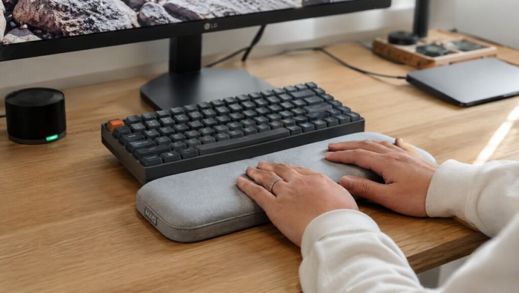 A gel keyboard wrist rest positioned in front of a mechanical keyboard on a clean home office desk with hands resting during a typing pause