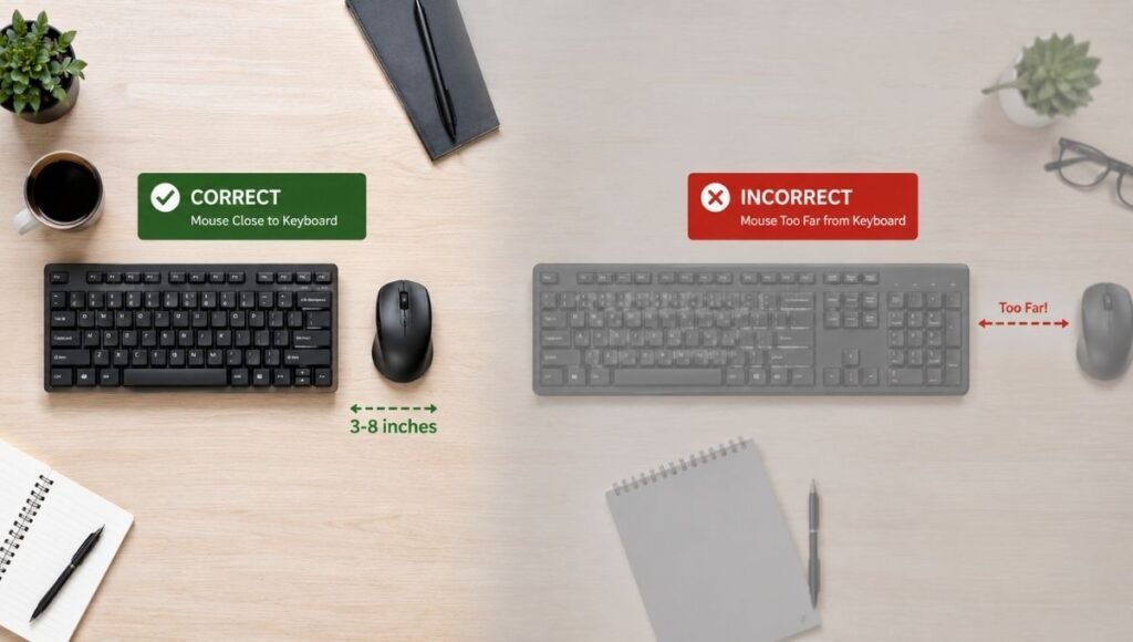 Top-down view of a desk showing correct mouse placement within 3-8 inches of keyboard center versus incorrect far placement causing shoulder reach