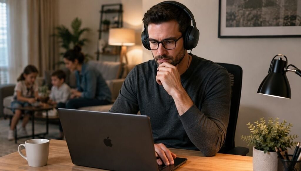 Remote worker wearing noise-cancelling headphones at a home office desk deeply focused on work with a shared living space visible in the background