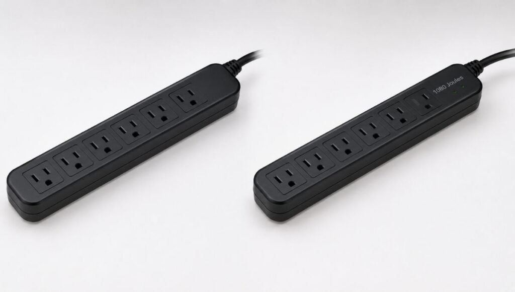 Side-by-side comparison of a basic power strip on the left and a surge protector on the right showing the visual similarities and label differences