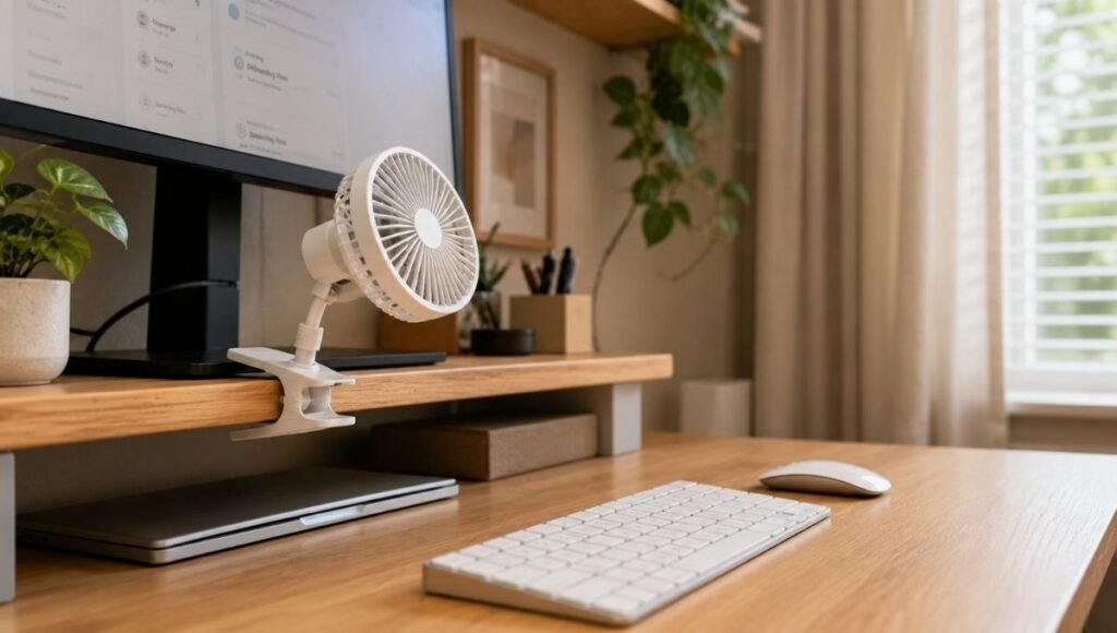 A clip-mounted small fan attached to the edge of a monitor on a compact home office desk saving valuable desk surface space