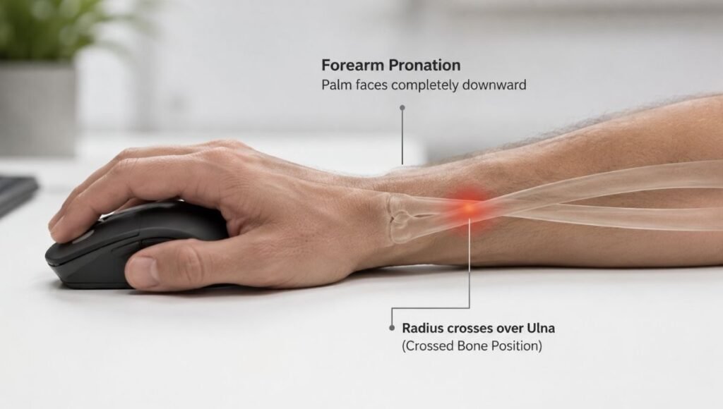 Side view of a hand using a standard flat mouse showing forearm in full pronation position causing wrist and forearm strain