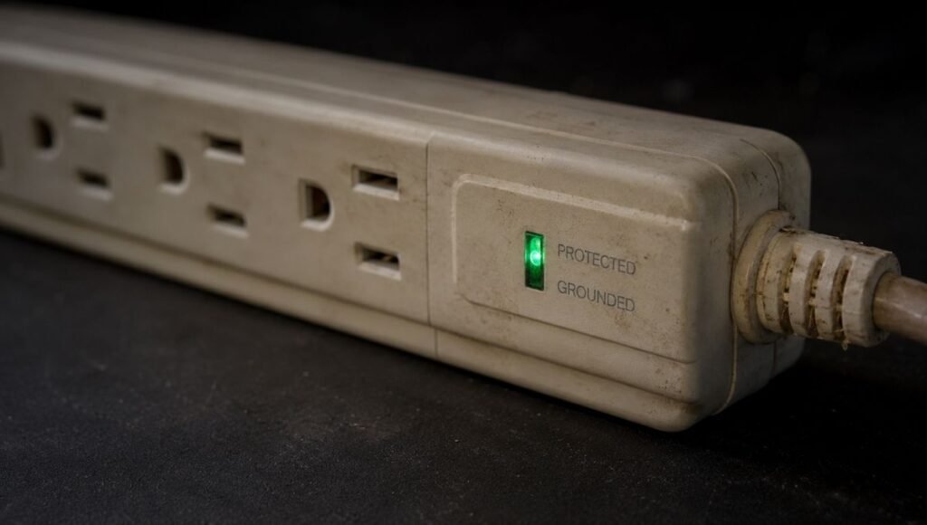 An old surge protector with a green indicator light still on but showing signs of age suggesting the internal protection may be depleted