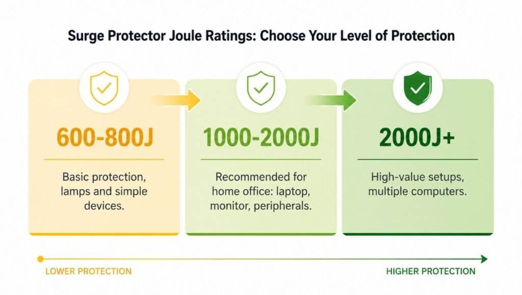 Infographic showing surge protector joule ratings from 600 to 2000 joules with recommendations for different home office equipment levels