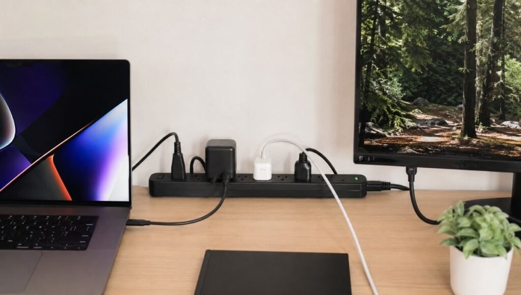 A surge protector power strip on a clean home office desk with laptop, monitor, and peripherals all plugged in for protection
