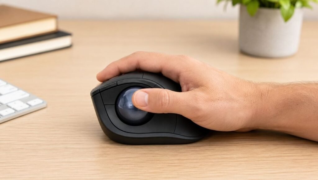 Hand using a trackball mouse with thumb controlling the large ball while the mouse remains completely stationary on the desk