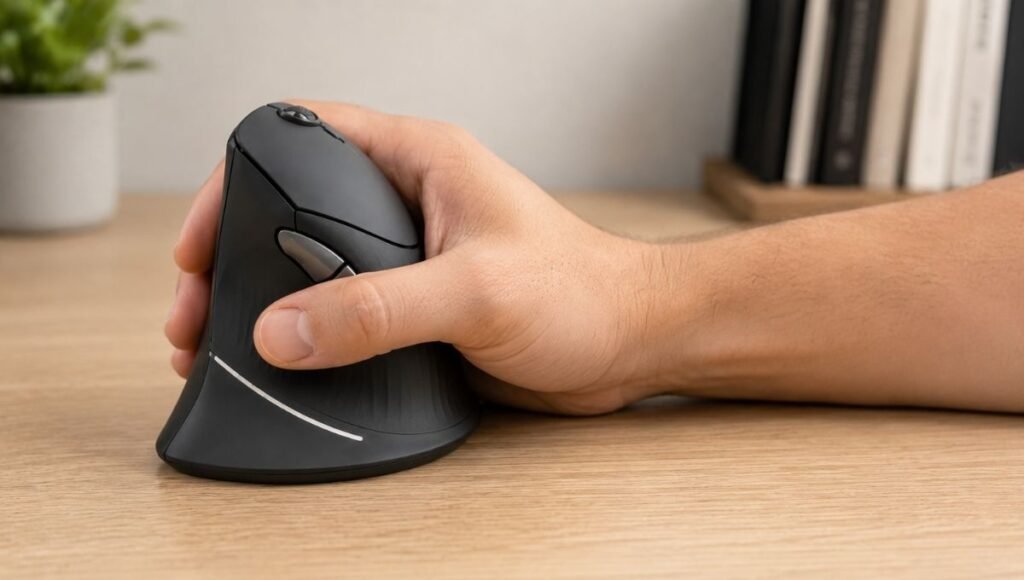 Hand holding a vertical mouse in natural handshake position showing neutral forearm alignment and reduced pronation