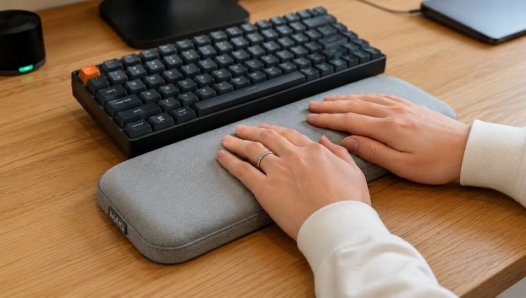 Hands resting naturally on a keyboard wrist rest during a typing pause showing the correct neutral wrist position