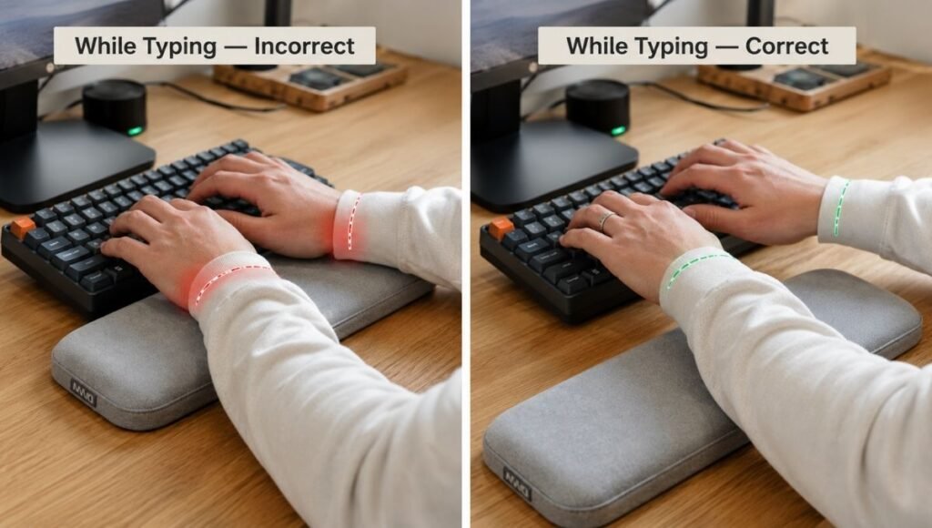 Split image showing incorrect wrist rest usage with wrists pressed down while typing on the left versus correct floating wrist position while typing on the right