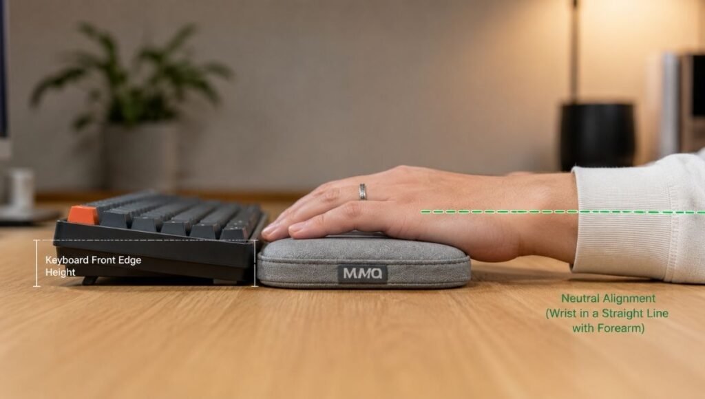 Side profile view showing a wrist rest correctly matched to keyboard height with wrist in neutral straight alignment with forearm