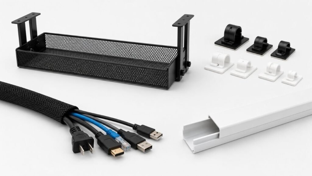 Four cable management products displayed on a clean surface showing under-desk tray, adhesive cable clips, cable sleeve, and cable raceway options