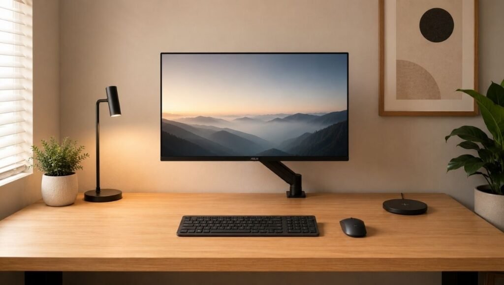 A fully organized home office desk after cable management showing monitor at eye level, keyboard and mouse centered, zero visible cables on the surface