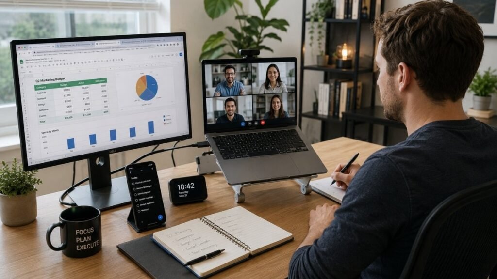 Laptop used for multitasking during a typical workday