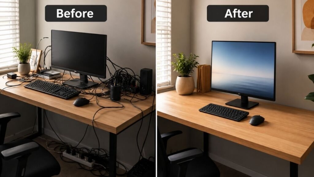 Split before and after comparison showing a messy desk with tangled cables on the left versus a clean organized desk with hidden cables on the right