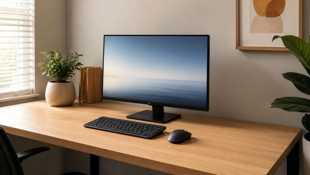 A clean home office desk with cables neatly routed along the back edge and hidden under the desk showing effective cable management