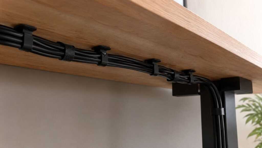 Cables neatly bundled with velcro ties and routed along the back edge of a desk using adhesive cable clips showing clean cable routing technique