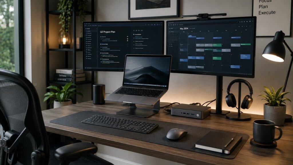 Ergonomic dual-monitor desk setup for Mac or Windows laptop