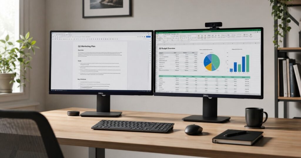 A dual monitor setup on a clean home office desk with two monitors side by side at eye level, keyboard and mouse centered below